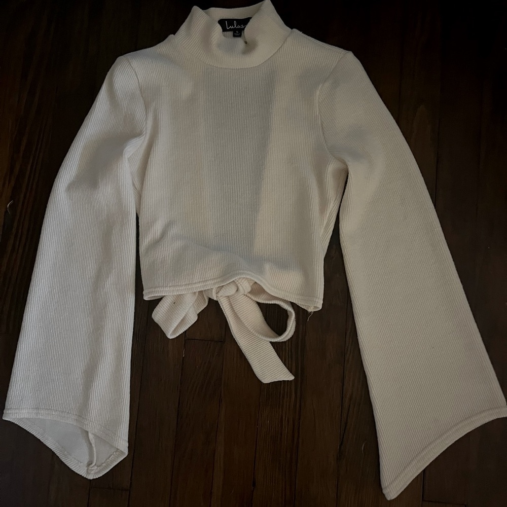 Lulu’s Baby Got Backless Mock Neck Cream Tie Back Sweater Size S NWOT